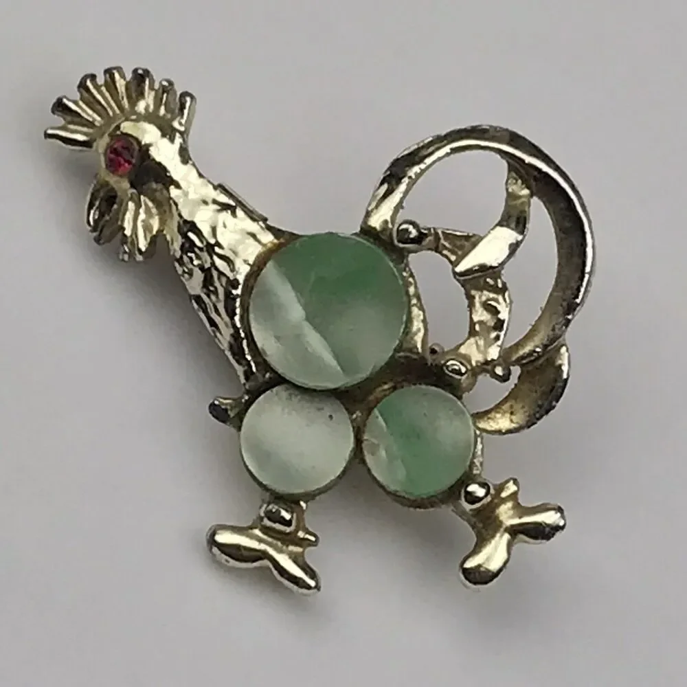 Rooster Gold Tone Enamel Brooch Pin Vintage Jeweled Eye